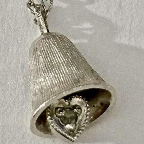 18” Sterling Silver Necklace Dainty Bell W/Dangling Heart &Gem - Picture 4 of 7