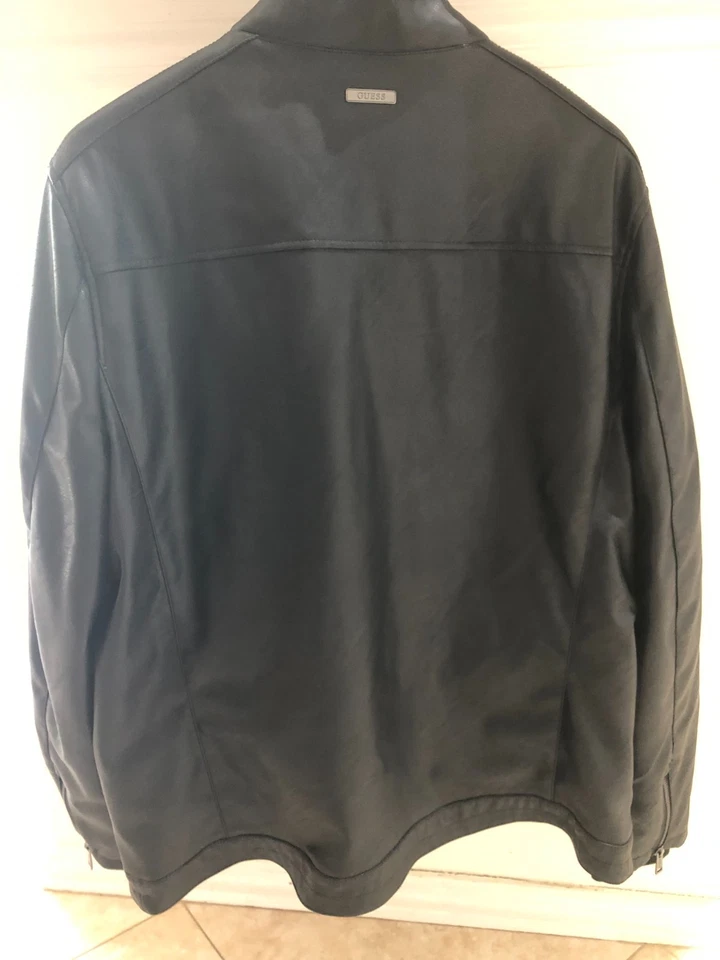 WOW! GUESS Jacket Mens XL Black Leather Faux Moto Racer Biker Metric Warm Grunge - Image 2 of 4