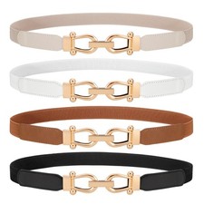 4 Pack Skinny Elastic Waist Belt Gold Buckle Stretchy Thin Belt for Jeans Dress