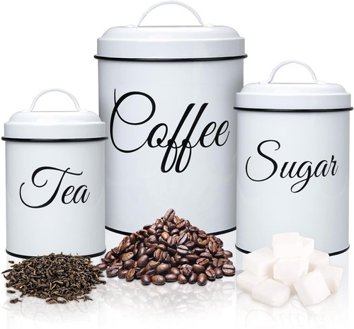 Coffee Tea Sugar Containers for Countertop, 3-Piece Stainless Steel White