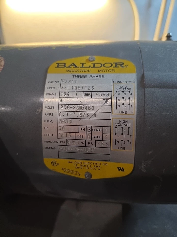 MOTOR INDUSTRIAL BALDOR, M3610, 35L108T123, 3 HP, 3 PH, CUADRO 184, 208-230/460 V Foto 2 de 4