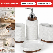 Ceramic Bathroom Accessories Set - 4 Piece White Set with Embossed Design