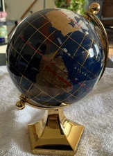Globe Blue Lapis w Semi Precious Inlaid Gemstones and Gold Colored Stand 5.5 In