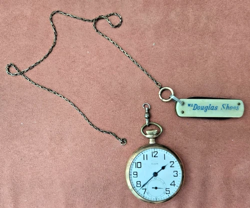 Vintage Elgin Pocket Watch w/ Chain & W.L. Douglas Shoes Fob Gold Tone Open Face