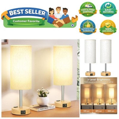 Small Touch Table Lamps Set of 2-3-Way Dimmable, USB A + C Charging, AC Outle...