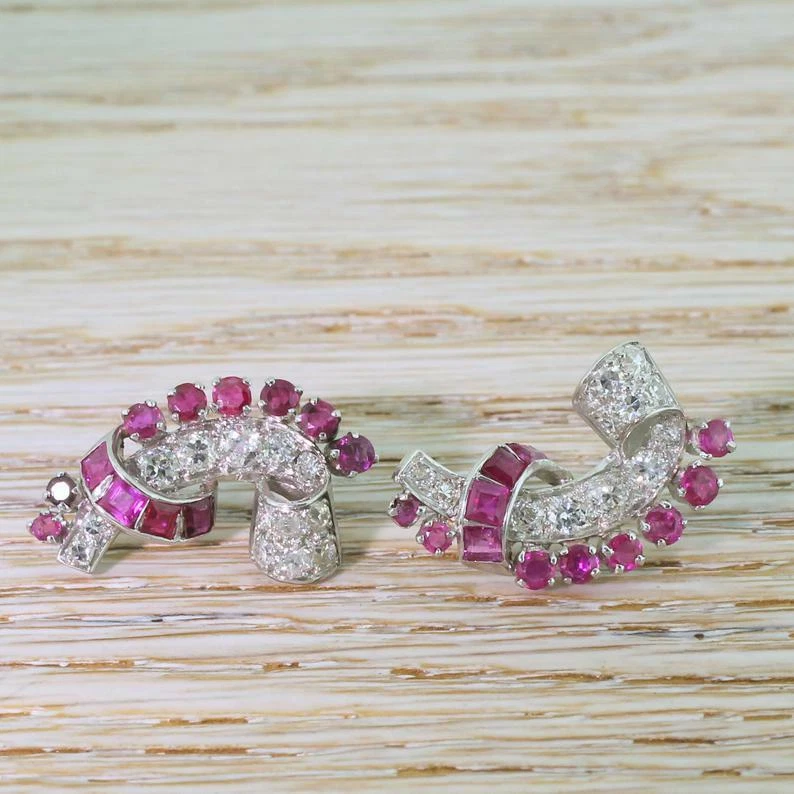 Винтажные серьги-манжеты середины века 2,11 карата с розовым рубином и белым цирконием 1,29 карата - Изображение 2 из 4