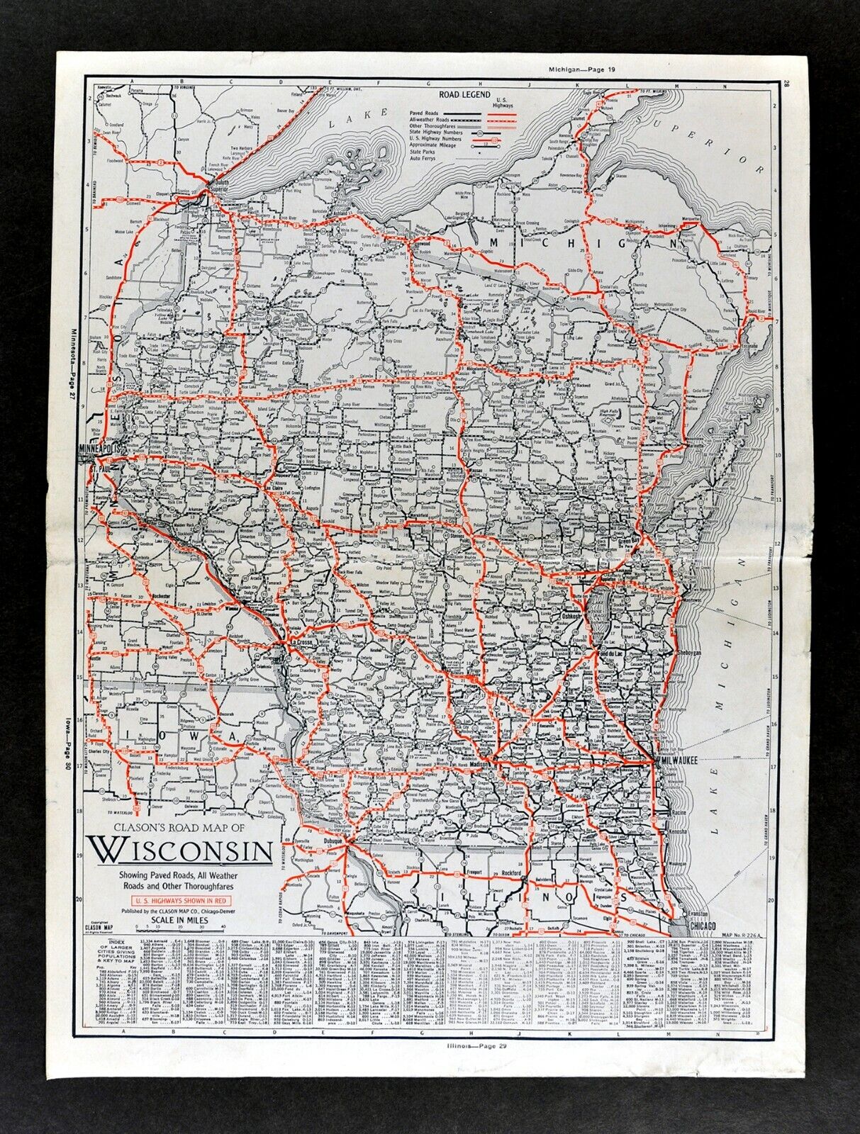 1930 Clason Auto Road Map Wisconsin Milwaukee Green Bay La Crosse Madison Dells