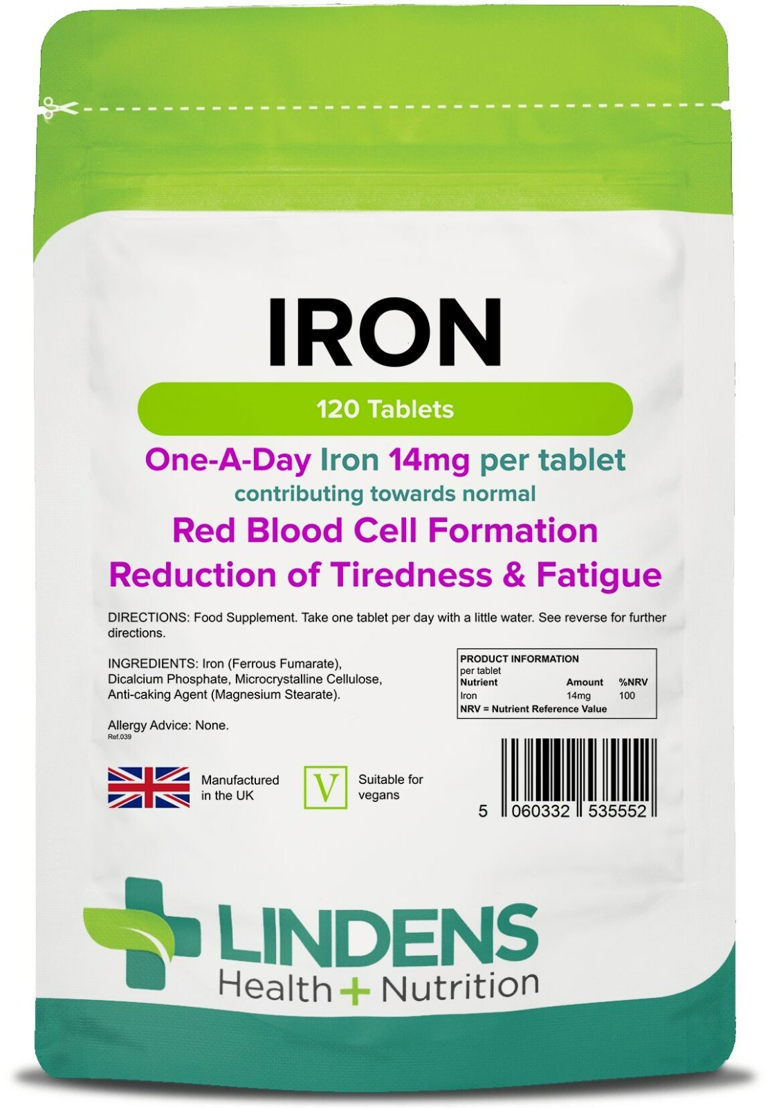 Iron 14mg x 120 Tablets; Fatigue, Red Blood Cell Formation; Lindens