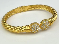 Gold Tone Cuff Bangle Bracelet Hinged Clear Crystals