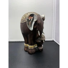 Elephant wood Figurine Statue Mother and Baby Jeweled Accents Home Decor 9" Tall