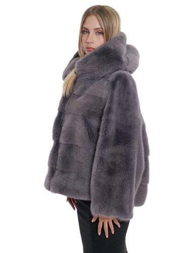 Jackets Grey Horizontal 44/52 Sleeves Full Leather Hood Mink Fur Drawstring - Picture 2 of 6