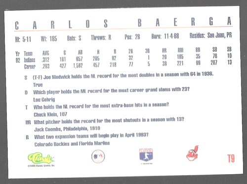 1993 Serie Clásica Carlos Baerga T9 Trivia Juego Indios de Cleveland - Imagen 5 de 8