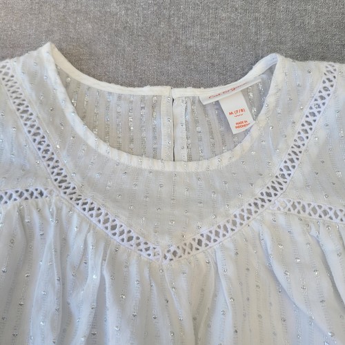 Cat & Jack NWOT Girls' White Metallic Lace Trim Elbow Bell Sleeve Blouse Sz 7/8 - Picture 5 of 7