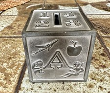 VINTAGE LEONARD SILVER PLATE ABCD CHILD'S PIGGY BANK COINS 3" SQUARE