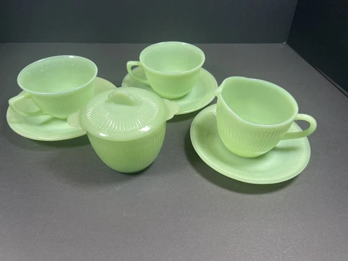 Fire King Jane Ray Jadeite/Jadite Cream/Sugar Tea Cup Set