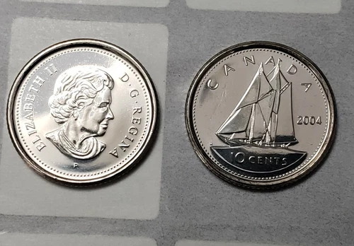ONE(1) X BU UNC 2004 P CANADA 10 CENTS DIME QUEEN ELIZABETH II BOAT COIN FOREIGN