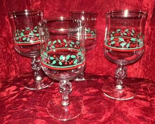 Set Of 4 VTG Libbey Arby's Christmas Holly Berry Gold Trim Bow Stem Wine Glasses