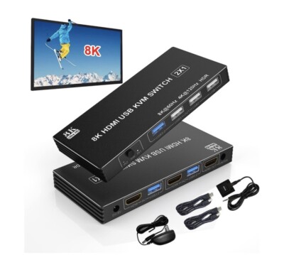 USB 3.0 KVM Switch HDMI with 8K Ultra HD Resolution, 4 USB Hubs, 2 Computers