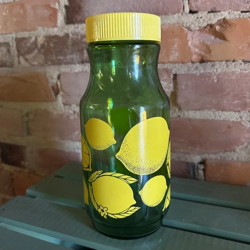 Vintage Anchor Hocking Lemonade Jar Green Glass Carafe Yellow Lid 1980s