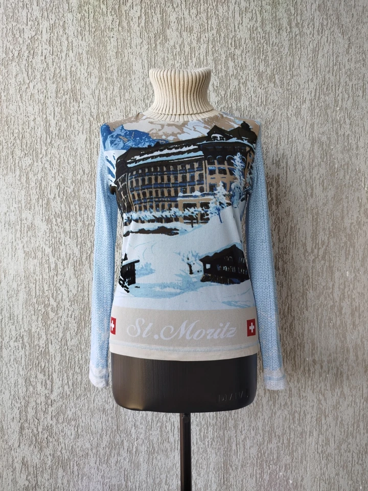 Top Vintage Y2K Manga Larga Malla Estampado Alpes Suizos St. Moritz Talla L Foto 2 de 4
