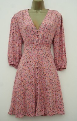 M&S X GHOST ROSA BLUMEN KNOPFLEISTE TEE SONNENKLEID GRÖSSE 18 R PUFF 3/4-ÄRMEL