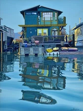 Alex Nizovsky – Sausalito Houseboat Evening - Modern Landscape Painting 30"x40"