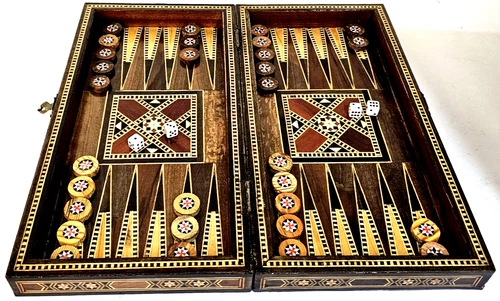 ANTIQUE WOOD PEARL INLAID BACKGAMMON SET ~ SHESH BESH HANDMADE KHATAMKHARI ART