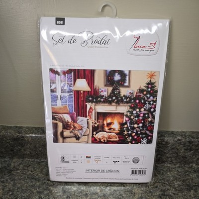 Luca-S Cozy Christmas Cross Stitch Kit Cat Dog Tree Fireplace Snowing Outside 