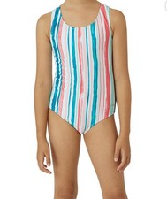New Girls One Piece Swimsuit M 10/12 Striped Turquoise Coral UPF 50 Swimwear