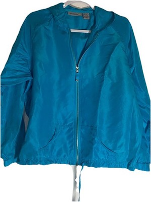 VTG Oleg Cassini Sport Hooded Windbreaker Jacket, 100% Silk, Teal Blue, Sz XL.