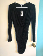 Express x Olivia Culpo Black Long-sleeve Ruched Mini Dress XS