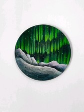 Quadro Acrilico su Tela Rotonda 30 cm. Aurora Boreale e Paesaggio Invernale