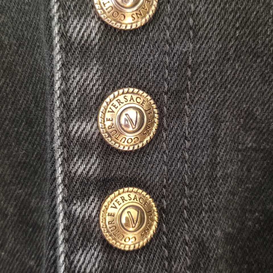 Versace Jeans Couture Midi Skirt AU 10 S Stretch Black Denim Gold Buttons EUC - Image 3 of 4