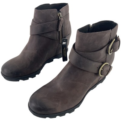 Sorel Brown Leather Buckle Wedge Ankle Bootie Boots Shoes Women s Size 9.5 NWT