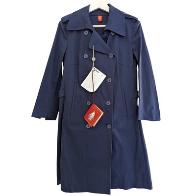 NWT Dondup Ramona Trench Coat Navy Blue IT 46 US L Classic Belted Long Jacket