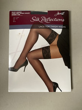 Hanes Lace Top Thigh High Sheer Toe Jet Black Size AB