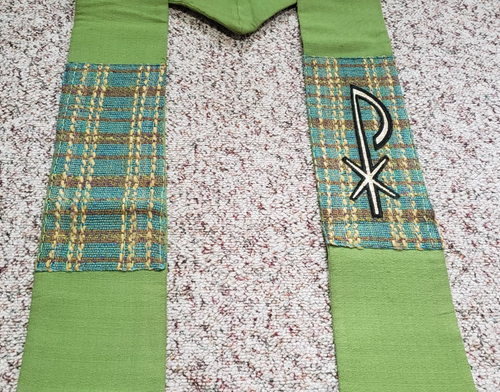 CLERGY PASTOR OFFICIANT STOLE HAND CRAFTED GREEN W/WOVEN DETAIL CHI RHO UNIQUE - Picture 3 of 6