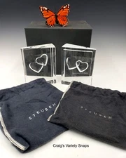 Steuben Glass Double Hearts Crystal Sculpture Bookends Paperweight Boxed USA