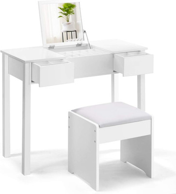 Elegant White Vanity Set with Mirror, Stool, Drawers & Organizers