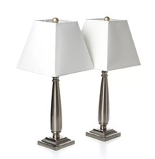 Kings Brand - Brushed Nickel Table Lamps With Square White Shades, Set of 2
