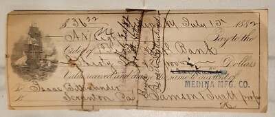1882 Bank Check New York Medina Manufacturing Samson Swett Tall Ship