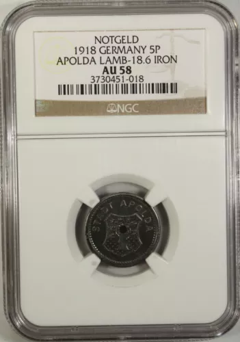 Germany 5 Pfennig 1918 NGC AU 58  Iron city of Apolda Lamb-18.6 Notgeld