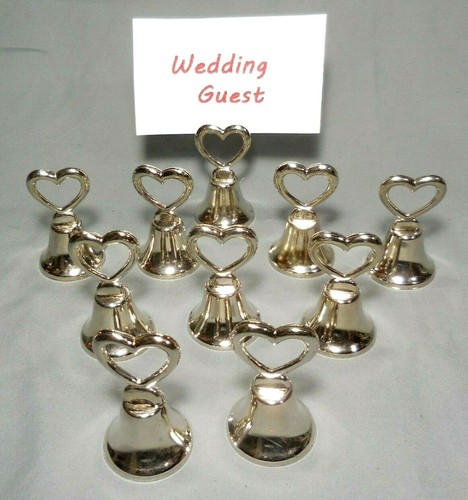 10 Wedding Bell Heart Place Card Holders Favors Silver Tone Metal 2" Tall