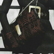 Versace Print Ad, Woman in Black Formal Dress Big Belt Buckle Black/Red Handbag