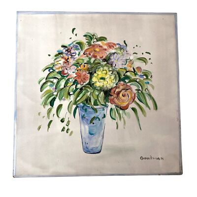 Hand-Painted Ceramic Tile  Floral Vase Art Supporto Bicottura Italy 8 X 8