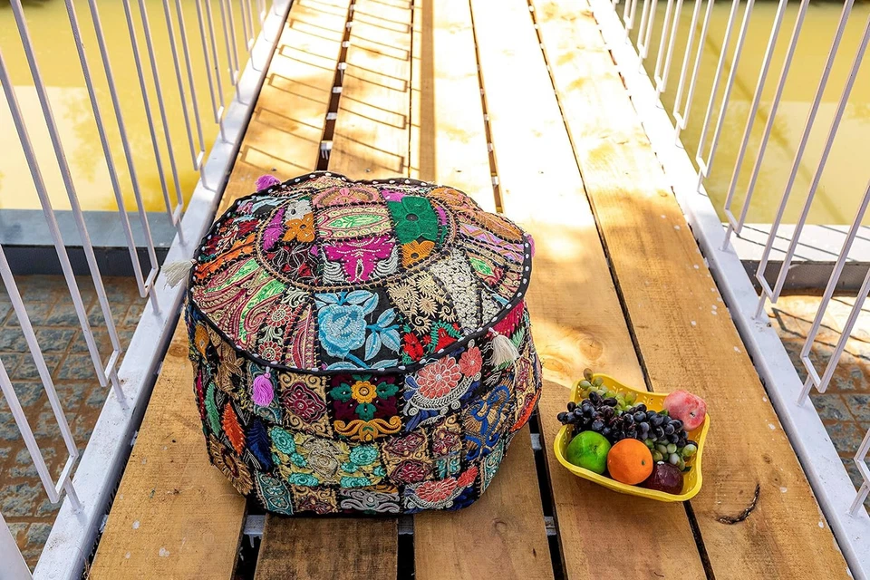 22" Indian Ottoman Pouf Round Floor Footstool Cover Patchwork Cotton Pouf Cover - Image 3 of 4