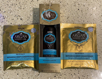 Hask Argan Oil Repairing Shine Oil Box 59ml PLUS (2) Hask Deep Conditioner Packs