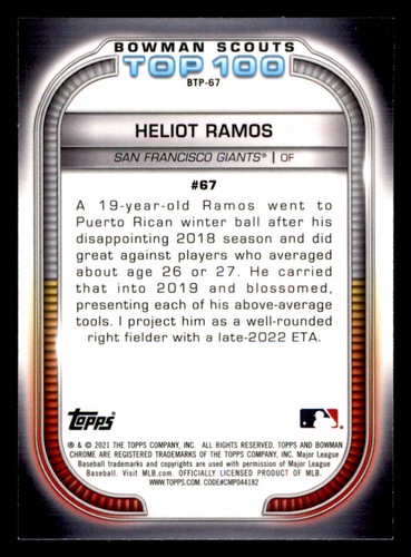 2021 Bowman Chrome Scouts Top 100 Refractors #BTP67 Heliot Ramos - Picture 2 of 2