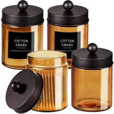 Bronze Glass Apothecary Jar With Metal Lid & Stickers, Bathroom Qtip Dispense...