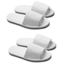 2 Pairs White Open Toe Spa Slippers Non-Slip Disposable Waffle Hotel Slipper